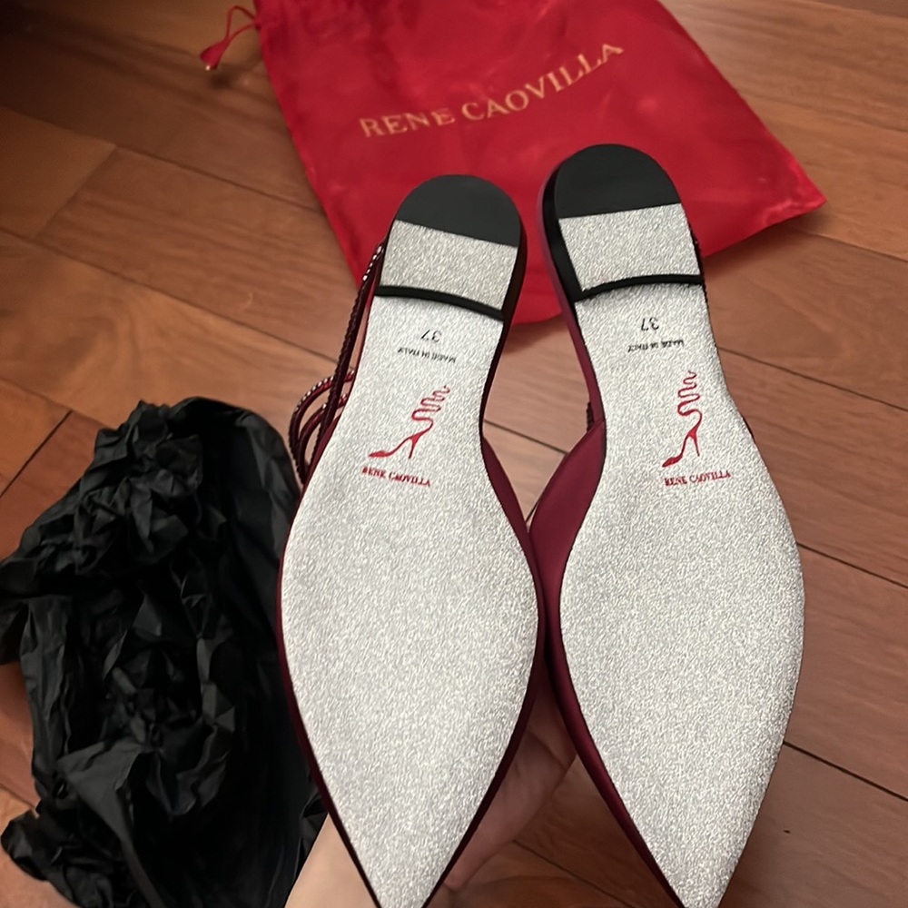 Rene Caovilla Wine Burgundy Pointed Toe Spiral-Ankle Flat Mules - Picture 2 of 7